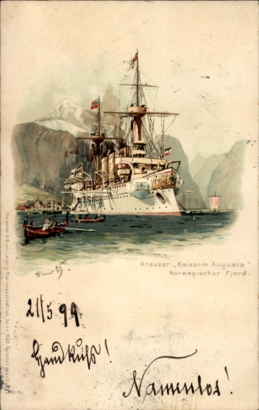 Künstler Litho Bohrdt, Hans, Deutsches Kriegsschiff, Kreuzer Kaiserin Augusta, Norwegischer Fjord