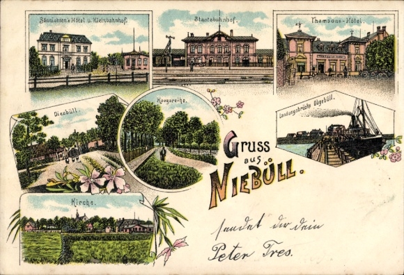Litho Niebüll in Nordfriesland, Staatsbahnhof Gleisseite, Landungsbrücke Dagebüll, Thamsons Hotel