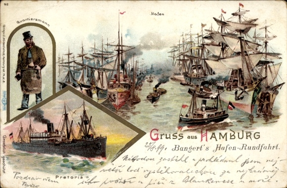 Litho Hamburg, Hafen, Dampfer Pretoria, Quartiersmann, Bangerts Hafen-Rundfahrt
