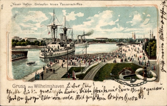 Litho Wilhelmshaven an der Nordsee, Neuer Hafen, Panzerschiff