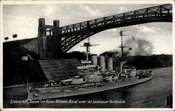 Ak Kiel, Linienschiff Hessen, Kaiser-Wilhelm-Kanal, Levensauer Hochbrücke