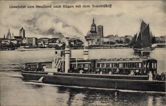 Ak Stralsund in Vorpommern, Überfahrt von Stralsund nach Rügen mit dem Trajektschiff, Eisenbahnfähre