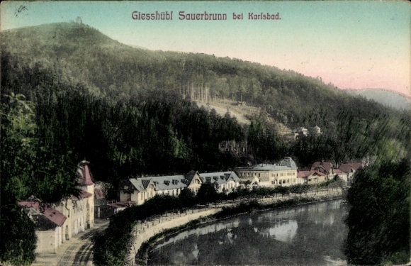 Ak Kyselka Gießhübl Giesshübl Sauerbrunn Region Karlsbad, Giesshübl Sauerbrunn, Fluss, Bäume, Geb