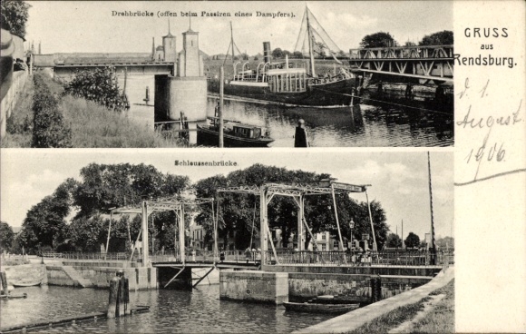 Ak Rendsburg in Schleswig Holstein, Drehbrücke, Schleusenbrücke