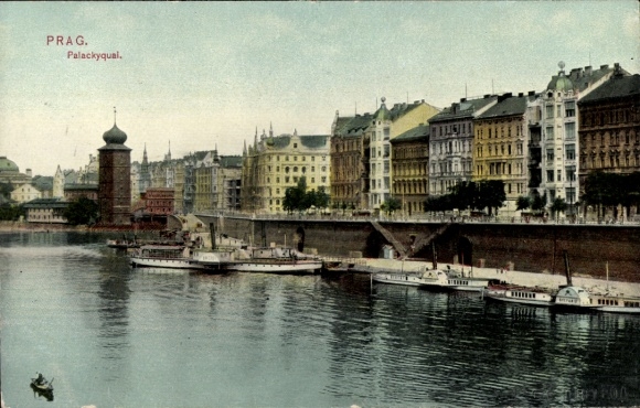 Ak Praha Prag Tschechien,  Palackyqual, Flussansicht,  Gebäude, Boote