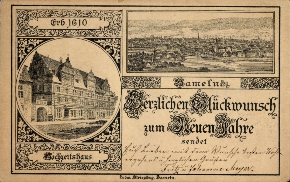 Vorläufer Litho Hameln an der Weser Niedersachsen, Gesamtansicht, Hochzeitshaus, Fröhliches Neujahr