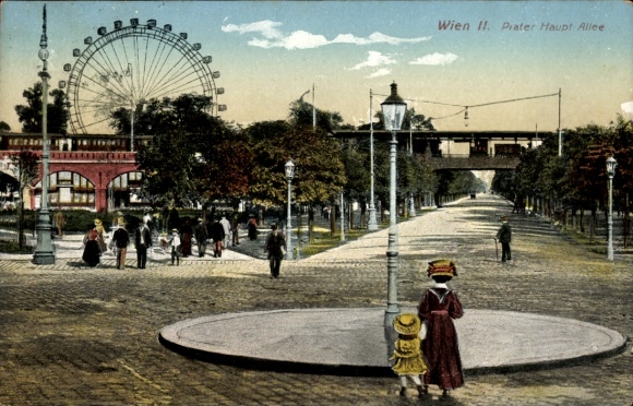 Ak Wien 2 Leopoldstadt Österreich, Wien II, Prater Haupt Allee, Riesenrad, Spaziergänger, Kinder